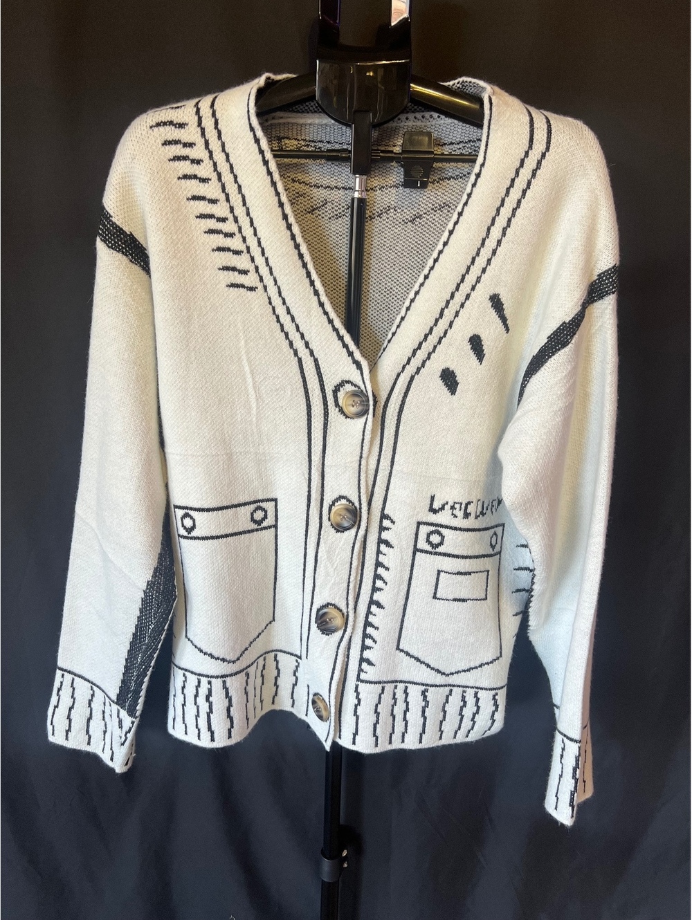 Shebote Y2K Graffiti Graphic Knit Cardigan Cream/White Black XL